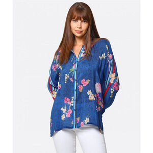 Johnny Was Willowa Lauren Button Up Shirt Floral Womens XS Semi Sheer Blue Pink